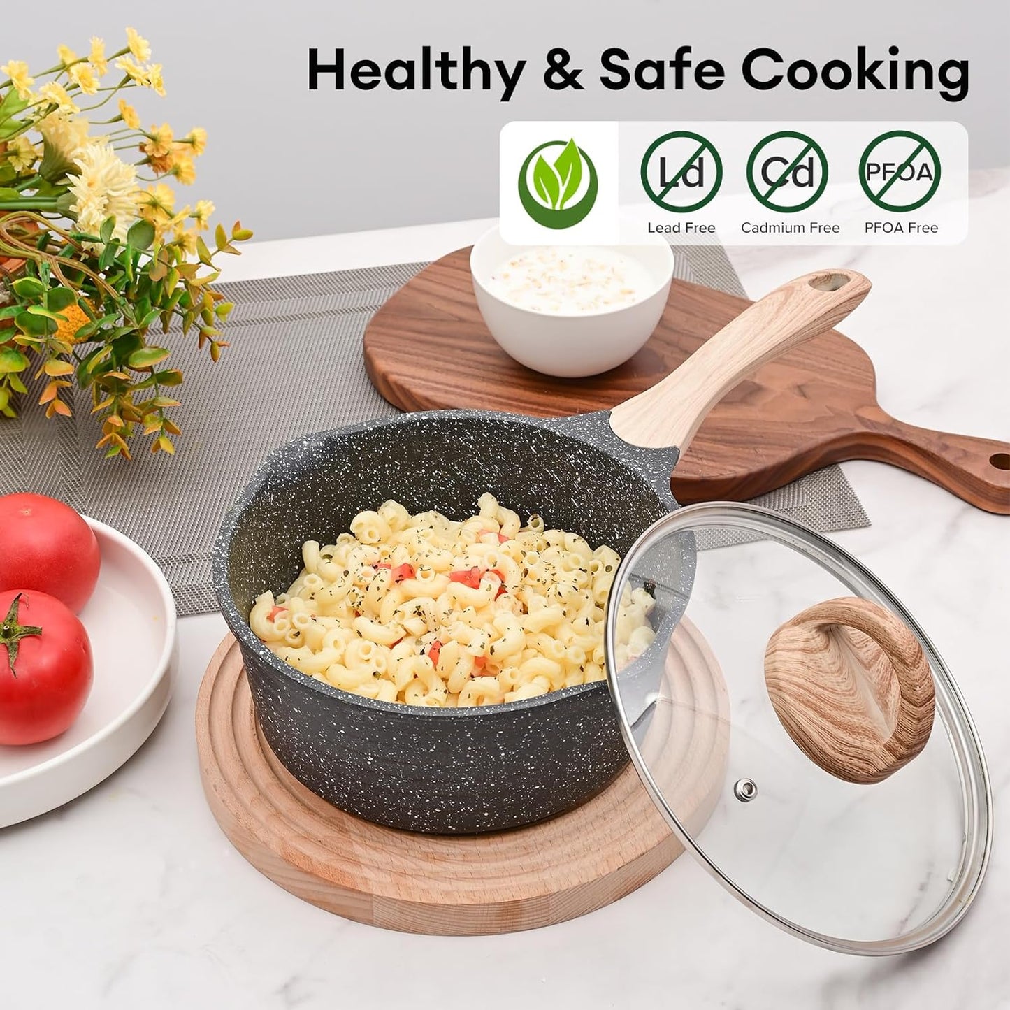 JEETEE 1.5 Quart Sauce Pan with Lid, Non Stick Small Pot with Coating, Masterclass Cookware Sauce Pot for Cooking, PFOA/PFOS Free