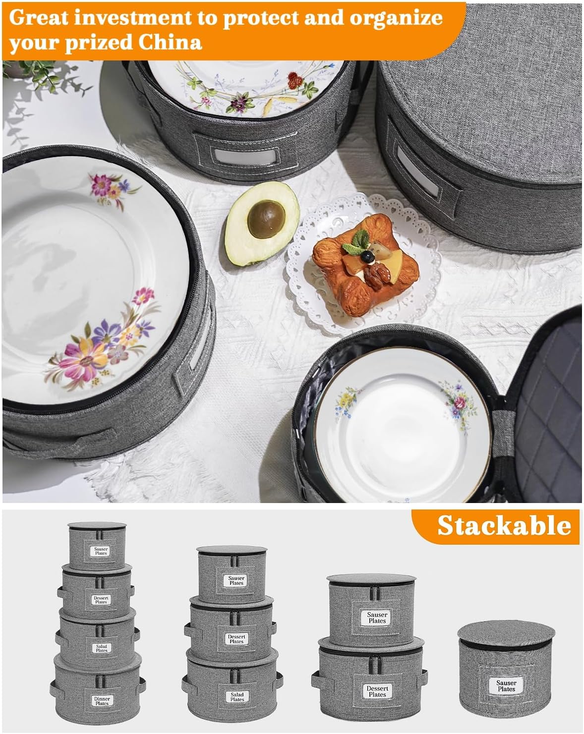 punemi China Storage Containers, Dish Storage with Rigid Top Side Bottom Support & Felt Dividers for Charger Plates Dinnerware, Perfect for Moving Supplies, 4PCS Stackable Fine China Storage, Gray