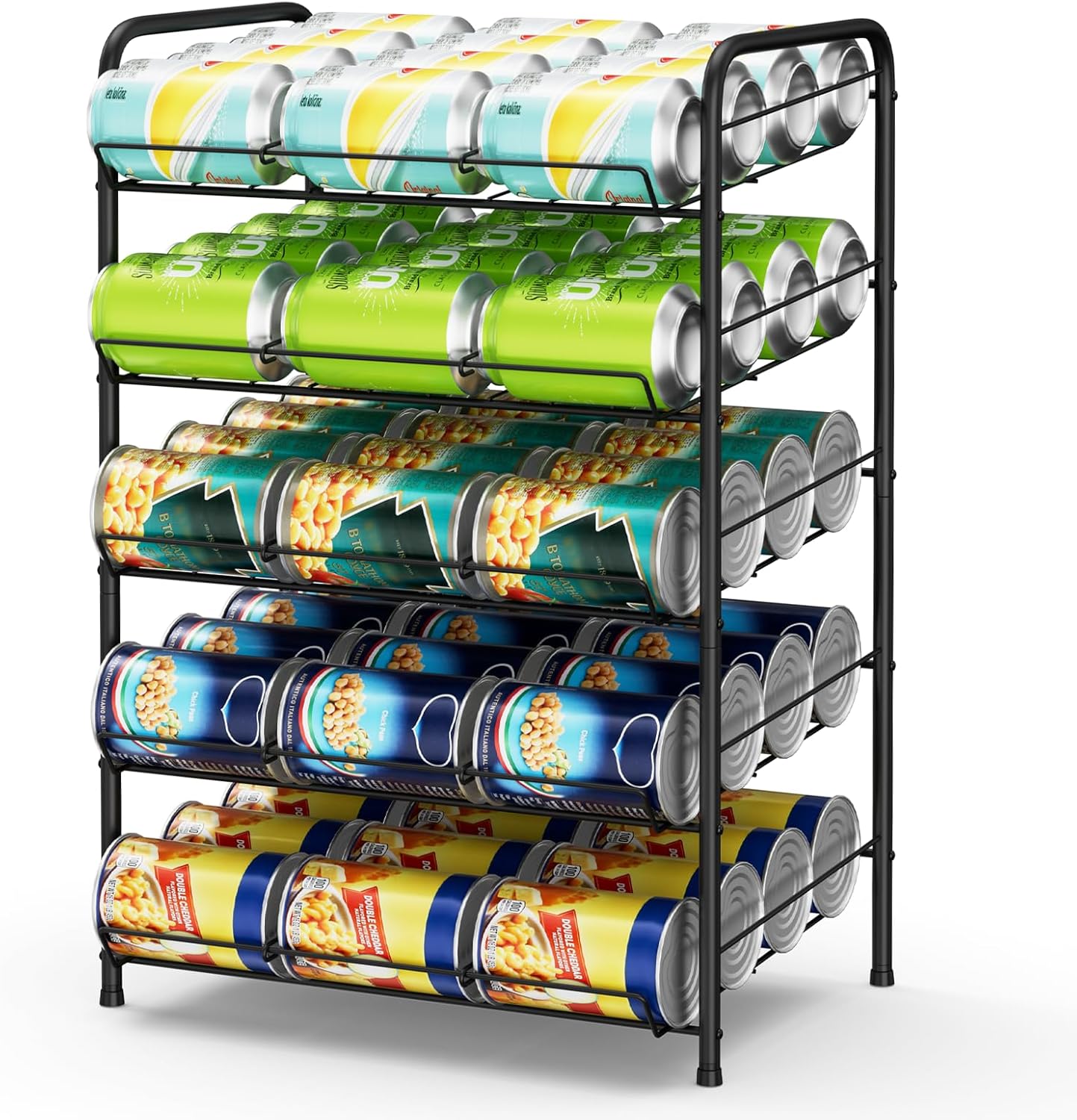 Vrisa 5 Tier Can Organizer for Pantry Can Holders 60 Cans Rack Canned Goods Organizer for Pantry Shelf Stackable Food Organizer Soda Vegetable Can Dispenser for Kitchen Cabinet, Black