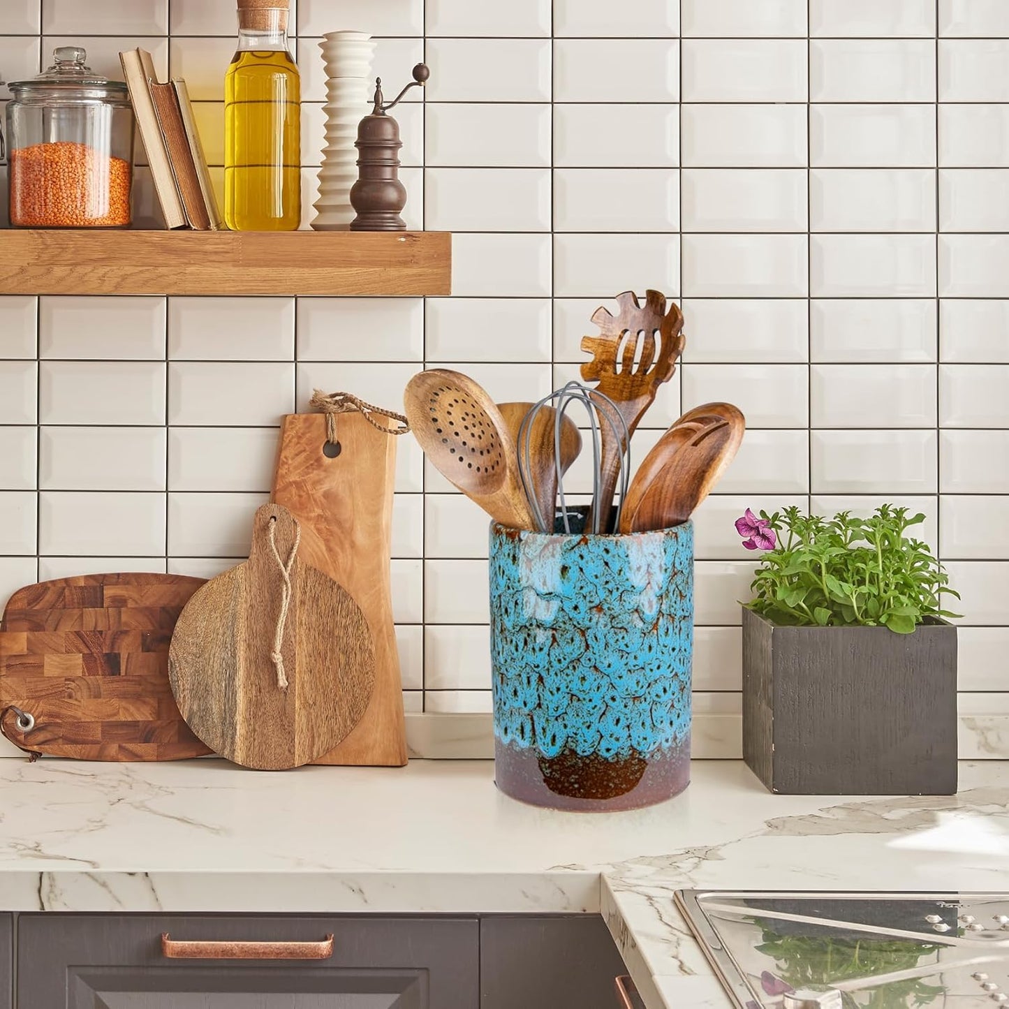 Utensil Holder, Ceramic Kitchen Utensil Holder for Countertop, Large Cooking Utensil Crocks for Kitchen Counter, Morden Utensil Organizer for Spatula, kitchen Decor,Blue