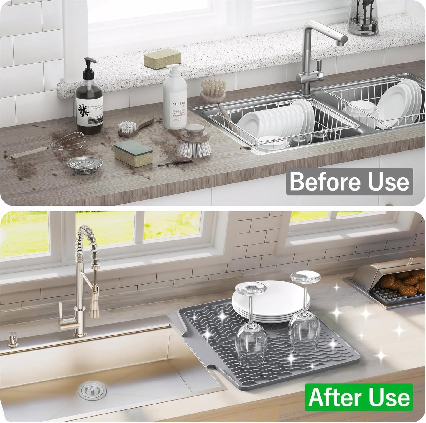 Silicone Dish Drying Mat for kitchen Countertop, Heat Resistant Mats, Dish Drainers for Kitchen counter, Hot Pot Holders, Dish Drying Rack with Built in Drain,(Gray, 15.6"x13")