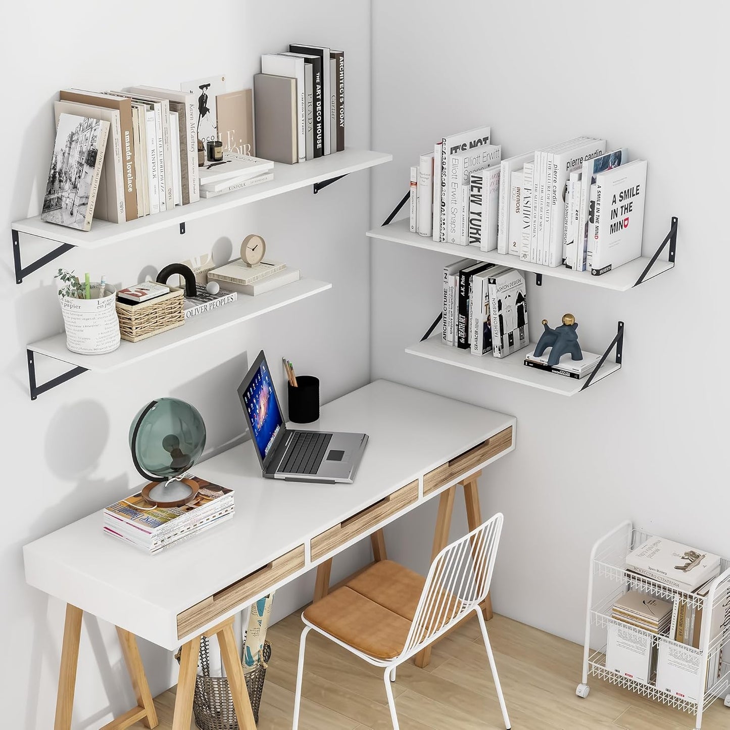 Heimlove White Deep Floating Shelves for Wall, 48W x 12D Wood Wall Shelves Set of 2, Wide Floating Bookshelf for Living Room, Kitchen, Office, Bedroom and Decor Storage, with Black Bracket - White