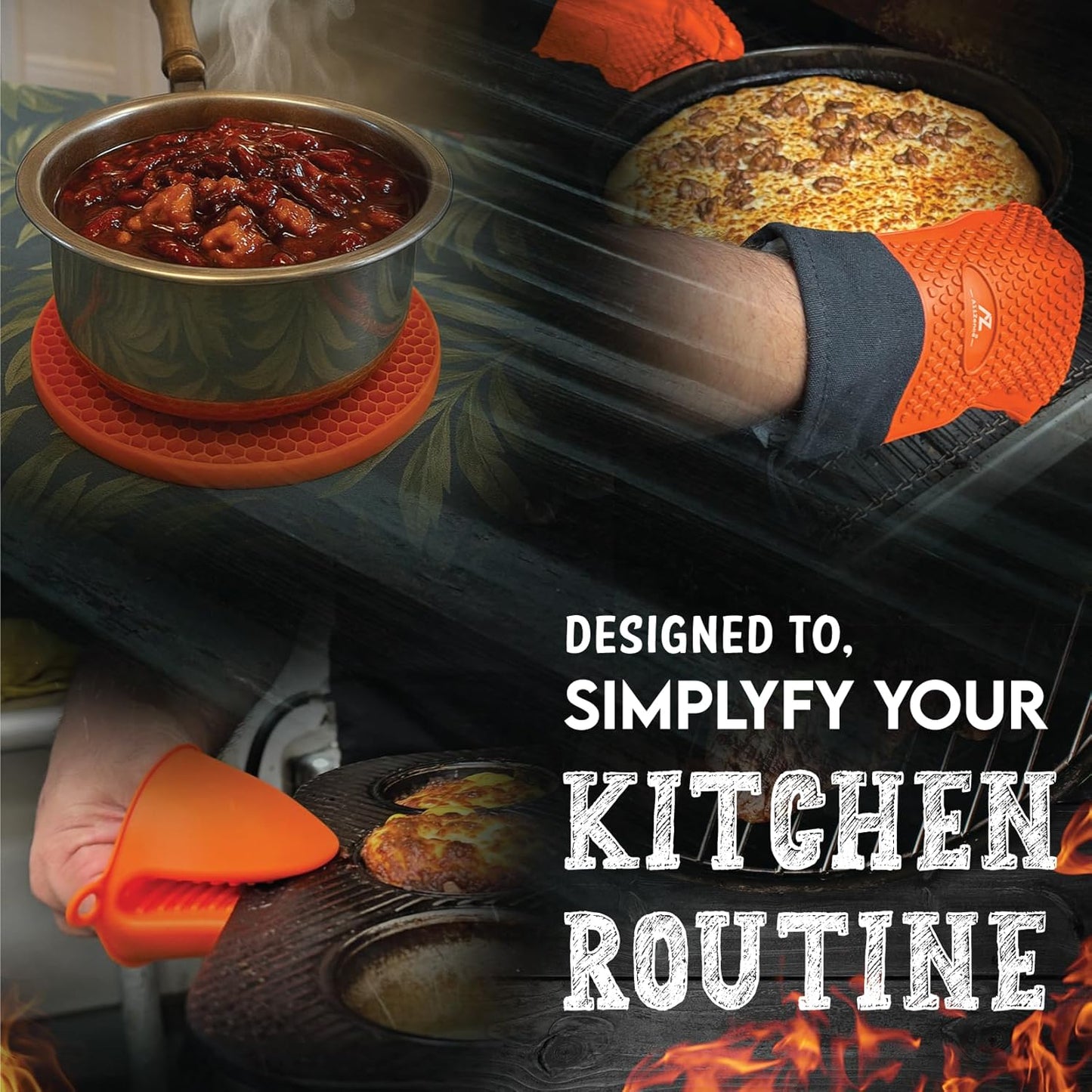 Silicone Smoker Oven Gloves & BBQ Set – Extreme Heat Resistant, Waterproof Oven Mitts, Mini Gloves, Hot Pads & Pot Holders for Cooking, Grilling, Baking, Extra Soft, Superior Value 6 pc Set. (Orange)