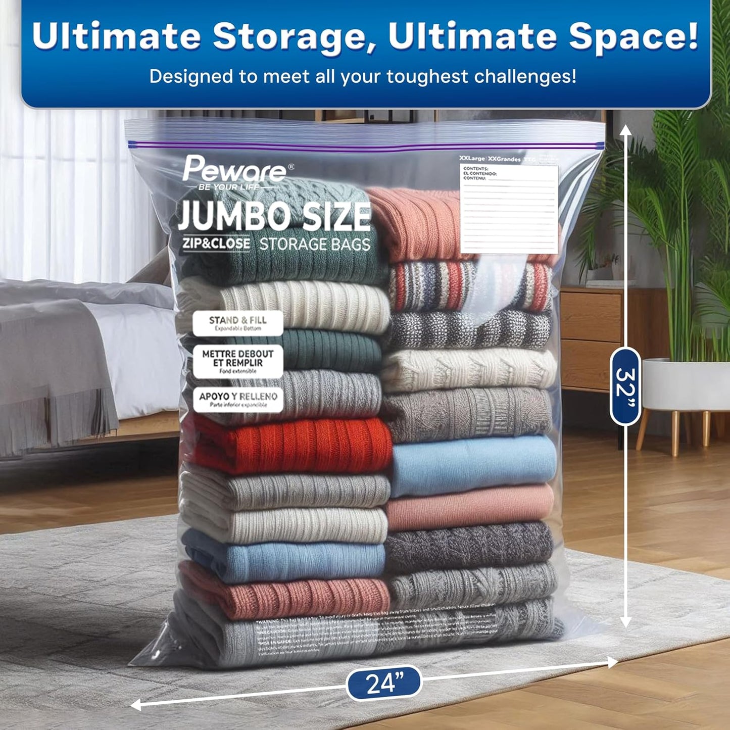 Large Storage Bags, 24"x32" Jumbo Plastic Bag, BPA Free, 20 Gallon 3XL Zipper Lock Baggies for Clothes Pillow Travel Moving - 30 Mega Bags