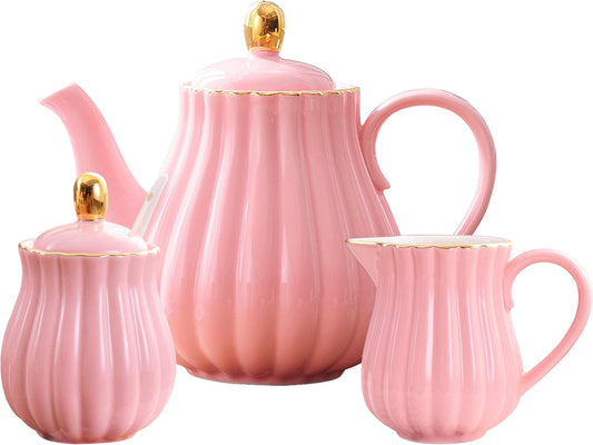 Jusalpha Porcelain Tea Set- Pink Teapot and Creamer Sugar Bowl Set, TW (Pink)