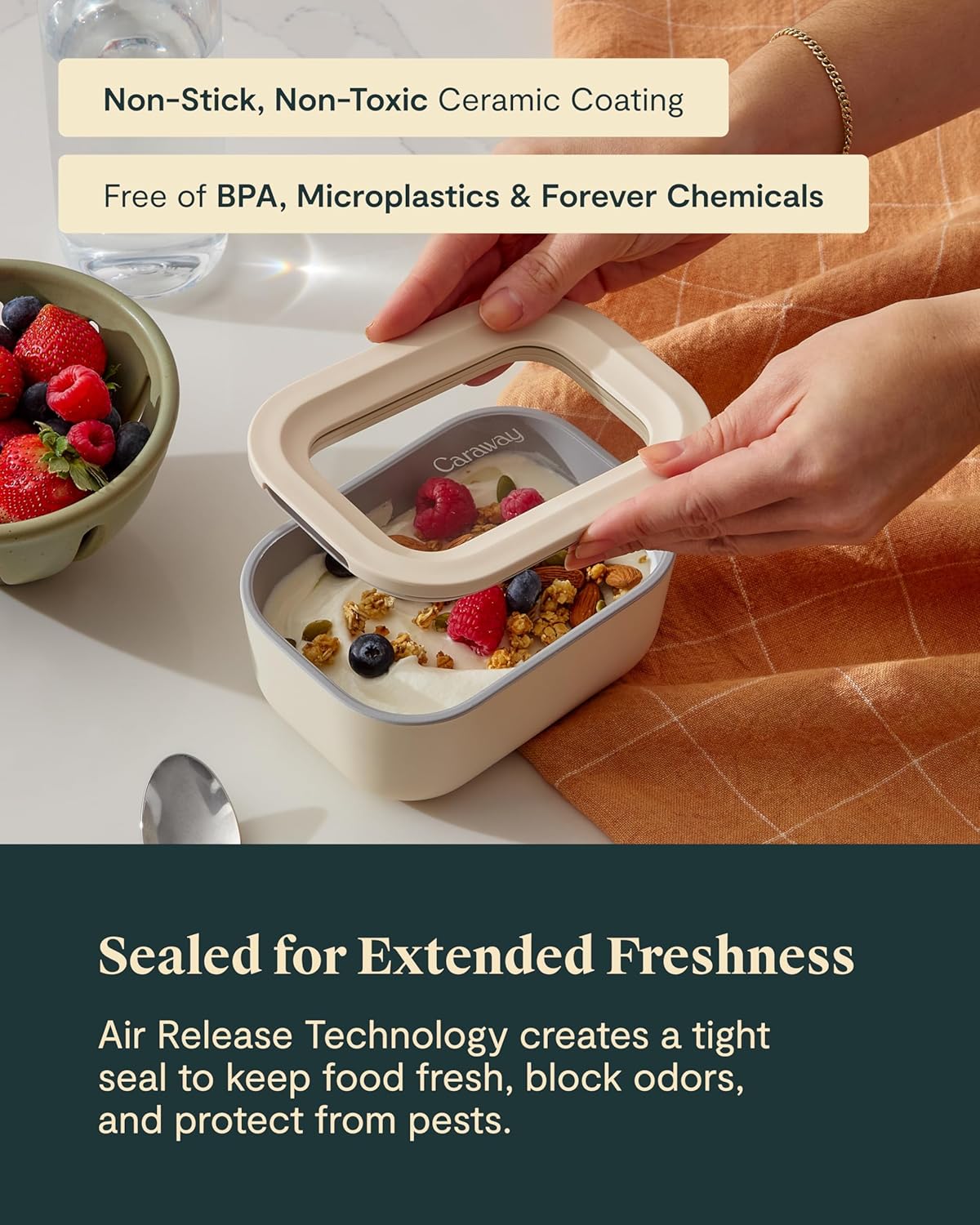 Caraway 6pc Glass Food Storage Set - 2.6 Cup Storage Containers For Food (6) - Non-Toxic Ceramic-Coated Glass - Air Release Technology - Compact & Stackable Design - Perracotta