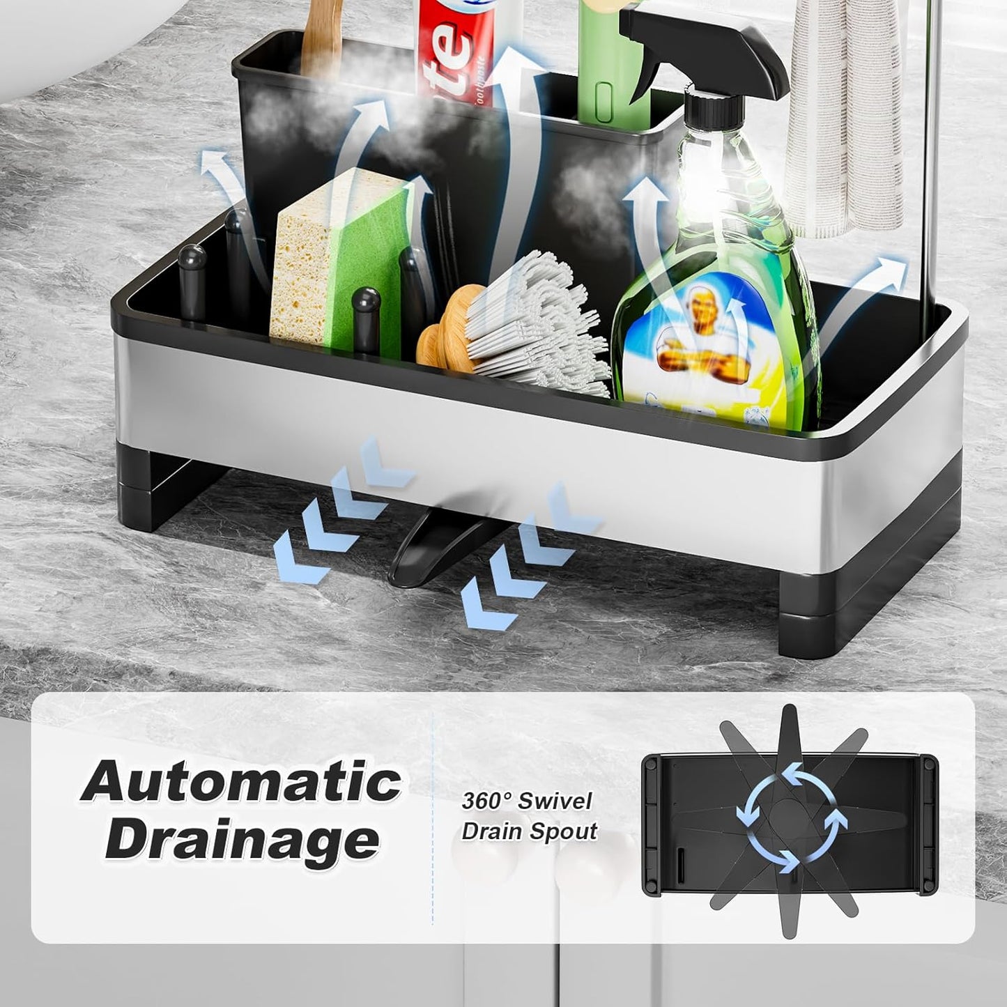 Stainless Steel Sink Caddy, Sponge Holder for Kitchen Sink with Brush Holder & Dishcloth Rack, Rustproof Sink Organizer Countertop, Kitchen Organizers Storage Essentials (D-Black)
