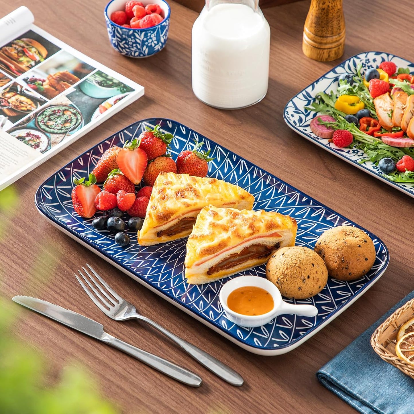 vancasso Serving Platters Set of 3, 16"/14"/12" Inch Rectangular Trays - Serving Platter Extra Large, Ceramic Serving Dish Microwave & Dishwasher Safe (Vintage Blue A)