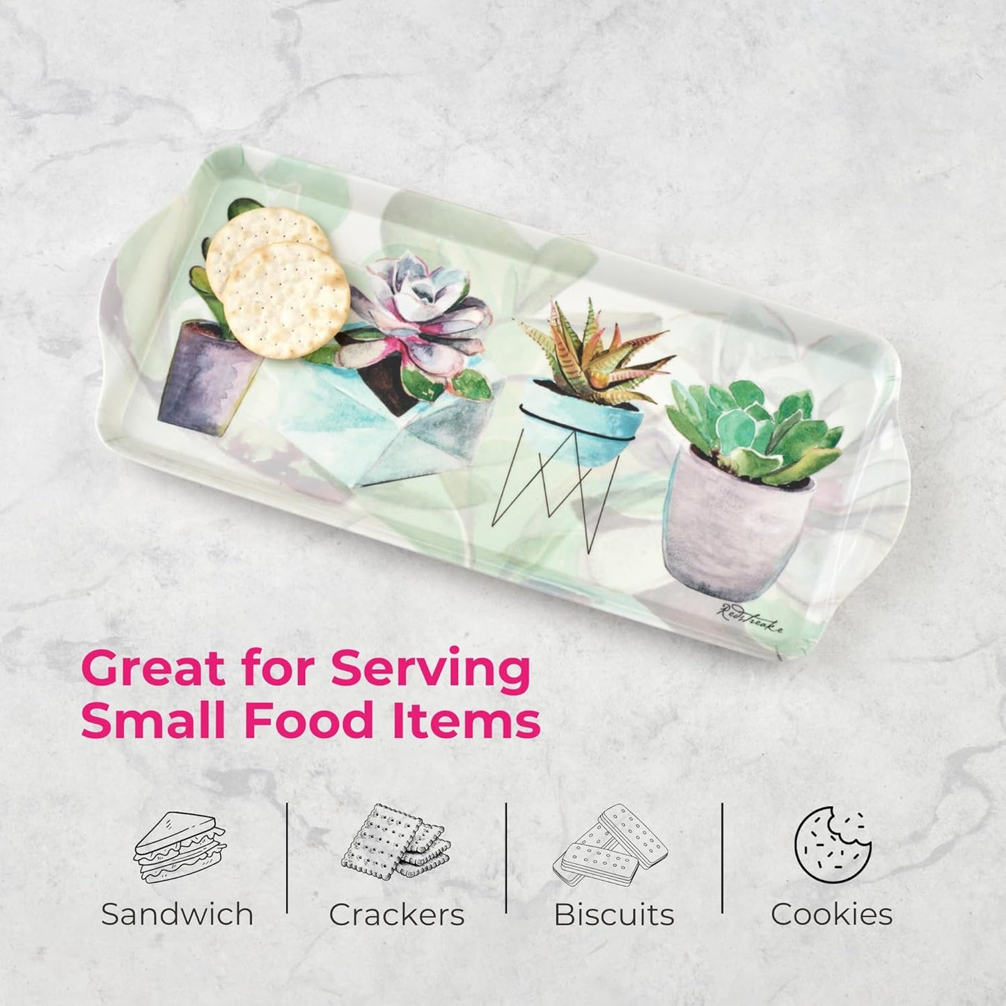 Pimpernel Succulents Rectangular Snack Tray with Handles - 15.1" x 6.5" Melamine Botanical Platter for Coffee, Breakfast, or Sweets - Dishwasher-Safe Decorative Kitchen Server