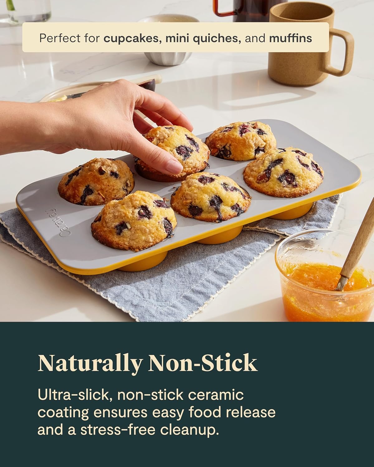 Caraway Nonstick Ceramic 6 Cup Muffin Pan – Non-Toxic, PTFE & PFOA Free – Oven Safe – Aluminized Steel Core – Small Muffin Pan for Baking Cupcakes, Muffins & More - Perracotta