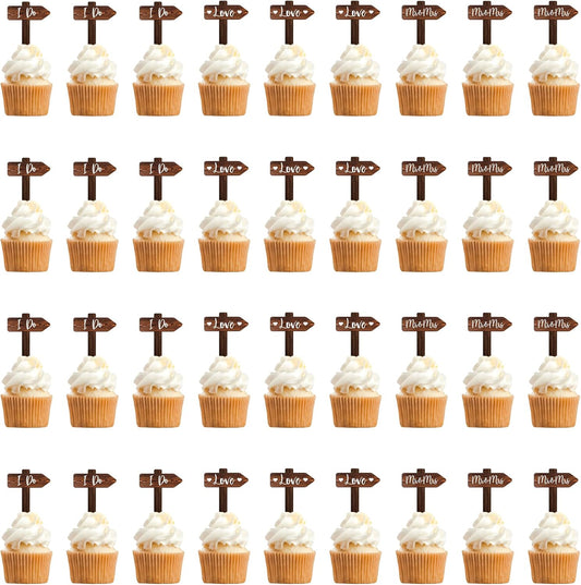 36 PCS Wedding Cupcake Toppers in Wood Rustic Wedding Cake Decoration
