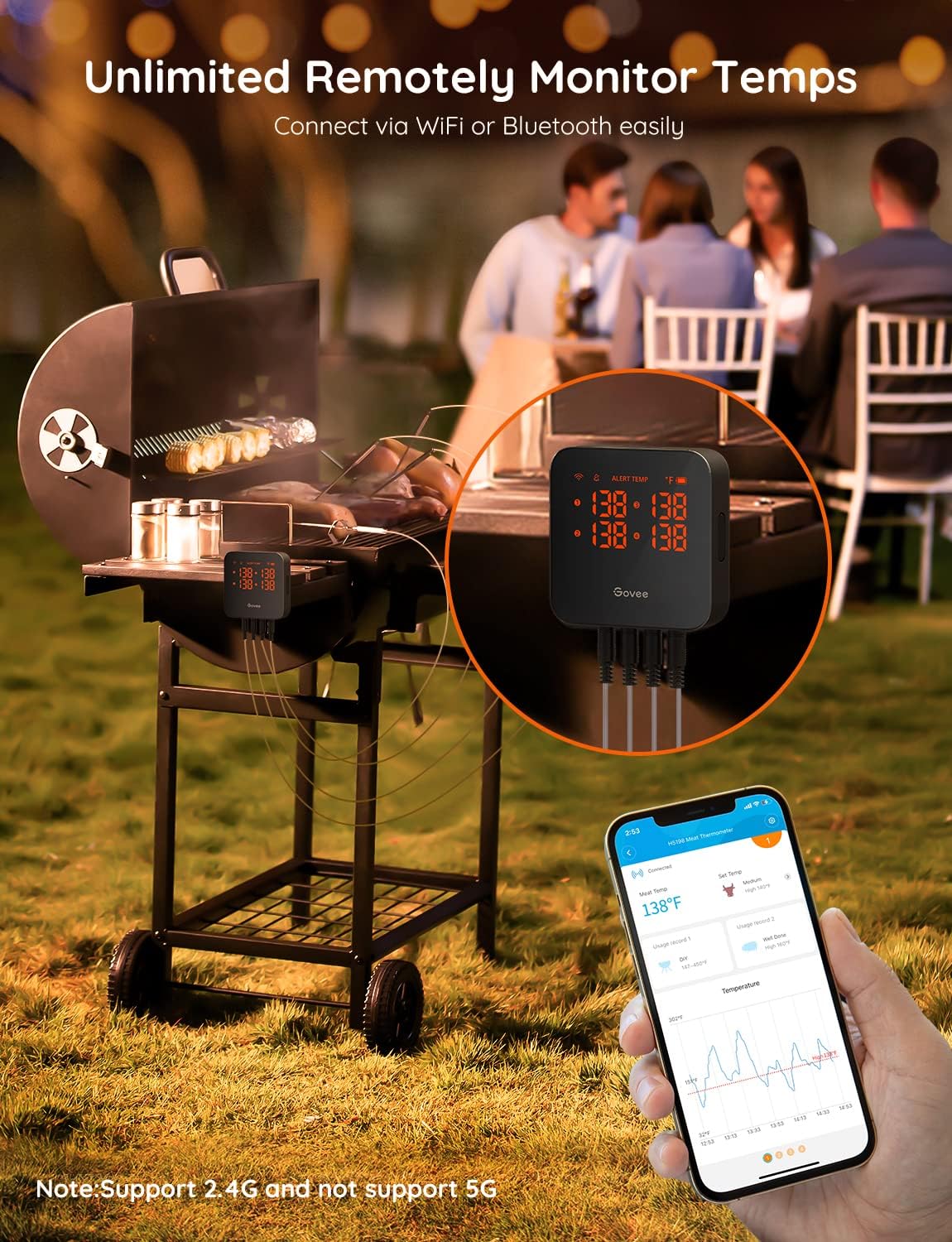 Govee Wireless Meat Thermometer with 4 Probe, Smart WiFi Meat Thermometer with Unlimited Range App Notification Alert, Digital Rechargeable Bluetooth Food Thermometer for Smoker BBQ Grill Oven Kitchen