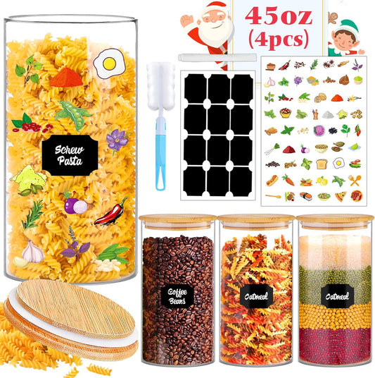 Glass Storage Jars 45 oz 4 Pcs Clear Glass Food Storage Containers with Airtight Bamboo Lid Stackable Kitchen Canisters for Candy, Cookie, Rice, Sugar, Flour, Pasta, Nuts