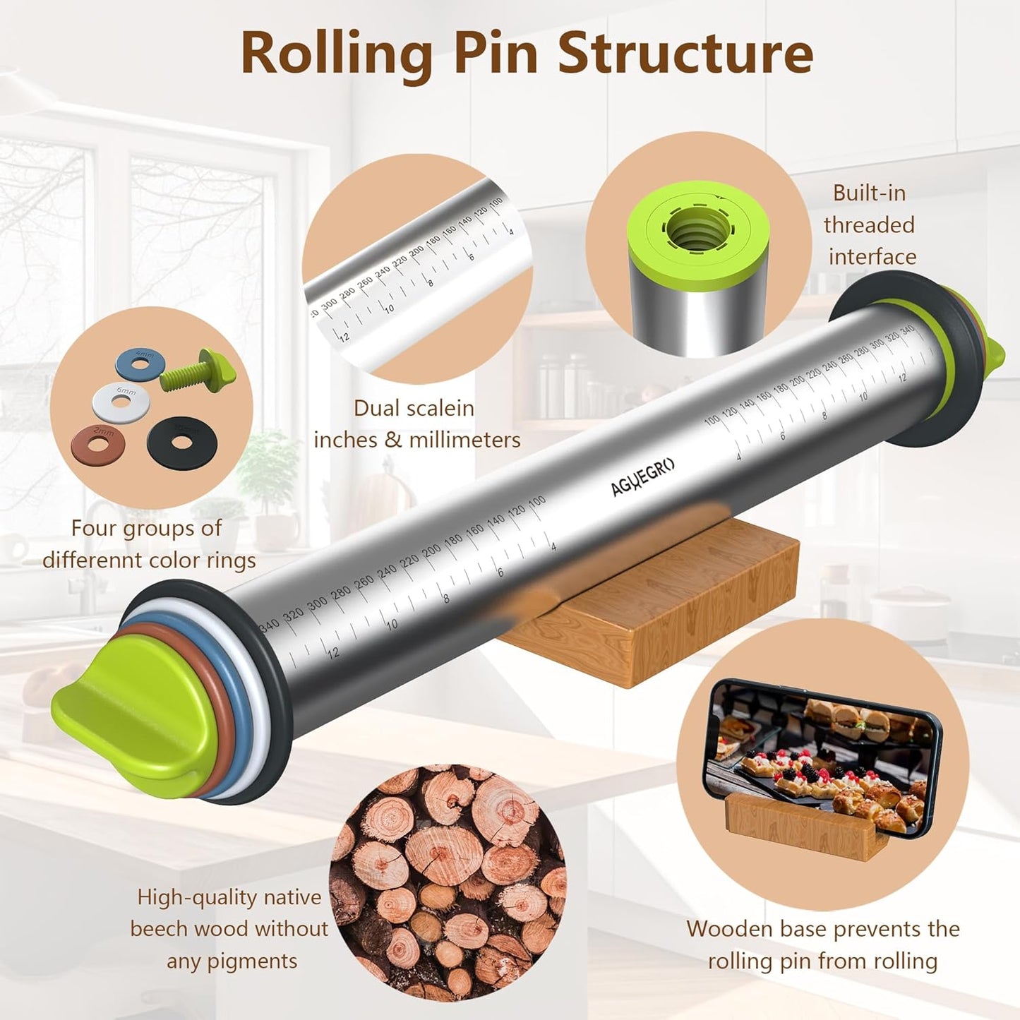 Stainless Steel Rolling Pin with Thickness Rings and Wooden Stand Dough Thickness for Baking, Fondant, Pizza, Pie Crust, Cookies, Pastries, 13.6" Rolling Pin with 4 Multi-Color Thickness Rings