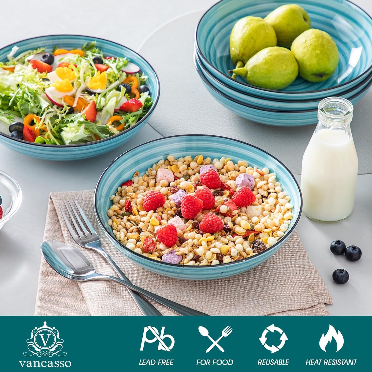 vancasso Bonbon Pasta Bowls Set of 6, 38 Oz Ceramic Salad Bowls, Wide and Shallow Bowls Set, Large Serving Bowls for Kitchen, Blue