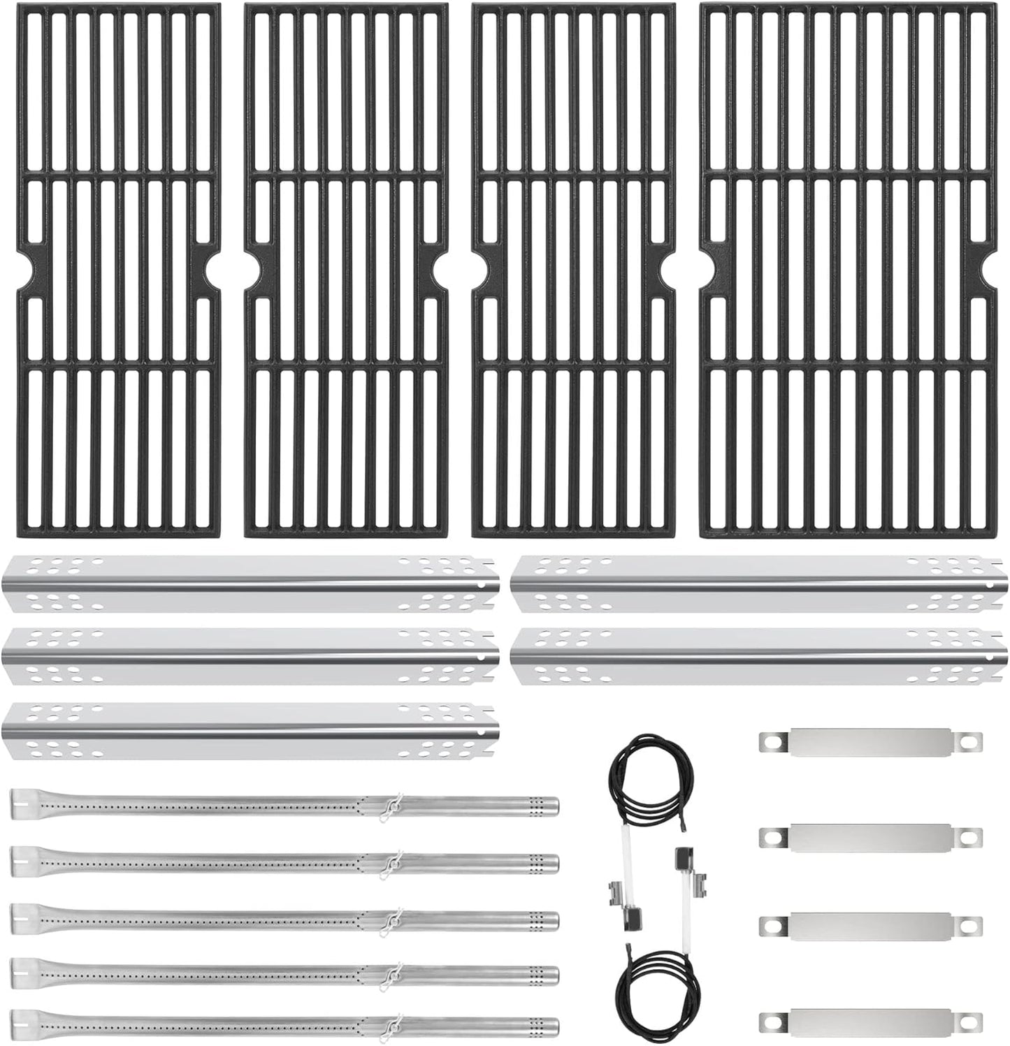 Cast Iron Grill Grates and Stainless Steel Grill Part Kit for Charbroil Performance 5 Burner Grills 463275717 463275517 463243518 463243519, Heat Plates, Burners, Adjustable Crossover Tube, Ignition