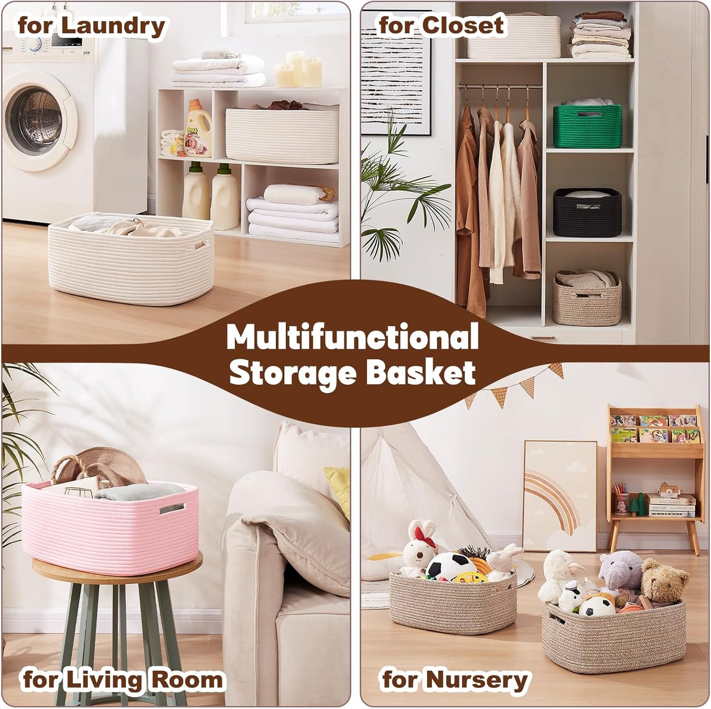 OIAHOMY Storage Basket for Shelves, Closet Cube Storage Bins Baskets for Clothes Blanket Towels, Baby Nursery, Toy Baskets Box, Woven Rope Basket, 15.75*11.81*7.09 IN, 2 Packs Pink