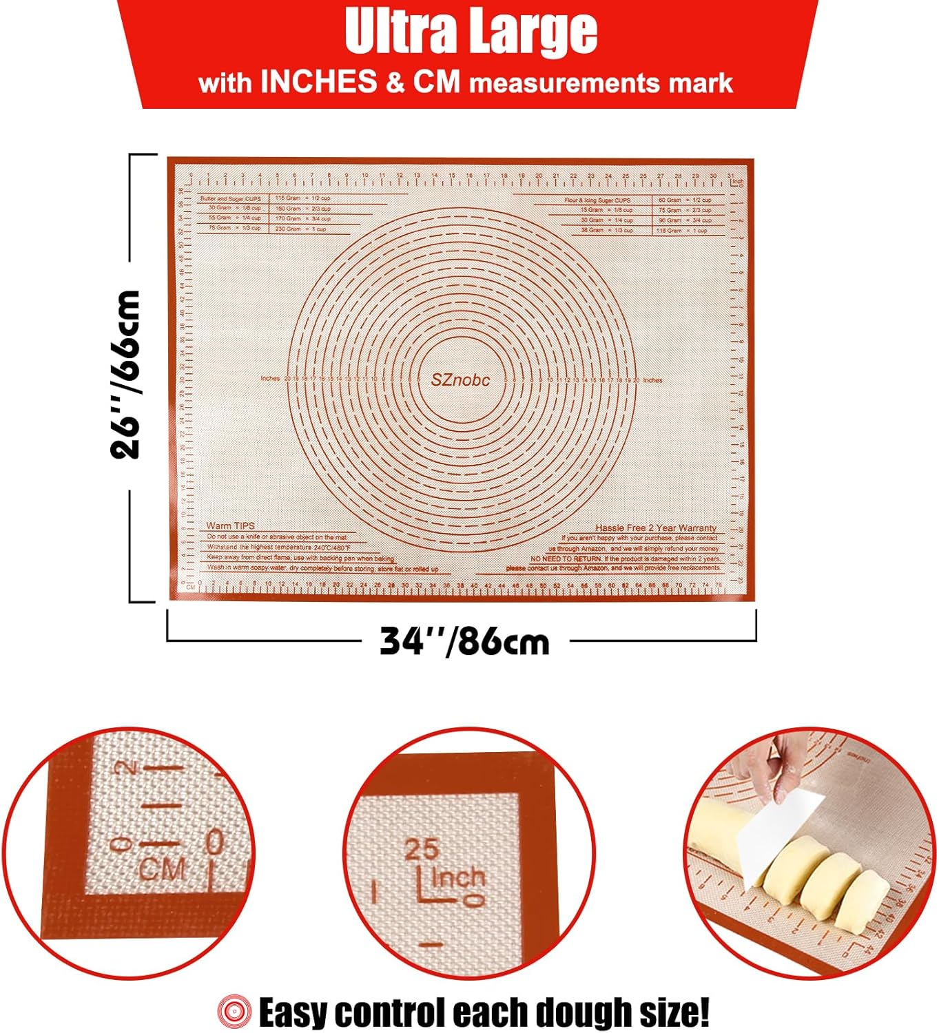 Non-slip Silicone Pastry Mat 36''By 24'' Nonstick Baking Mats Extra Large Counter Mat for Dough Rolling, Pastry, Pie Crust, Fondant, Cookies, Bread, Pasta, Pizza Mat