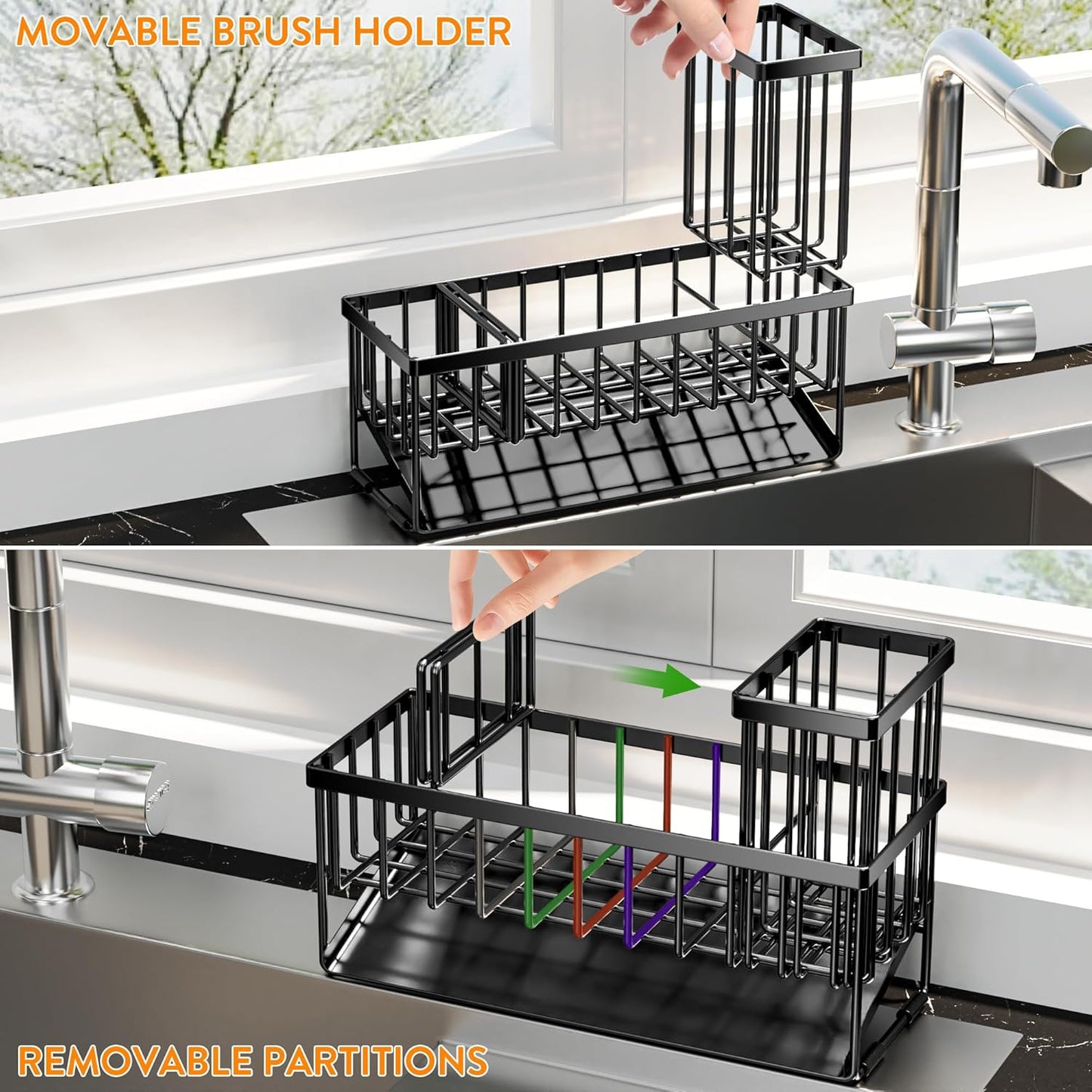 Cisily Extra Large Kitchen Sink Caddy Organzier with High Brush Holder, Sponge Holder for Sink, 304 Rustproof Stainless, Kitchen Countertop Soap Dispenser Organizer For Decor and Accessories