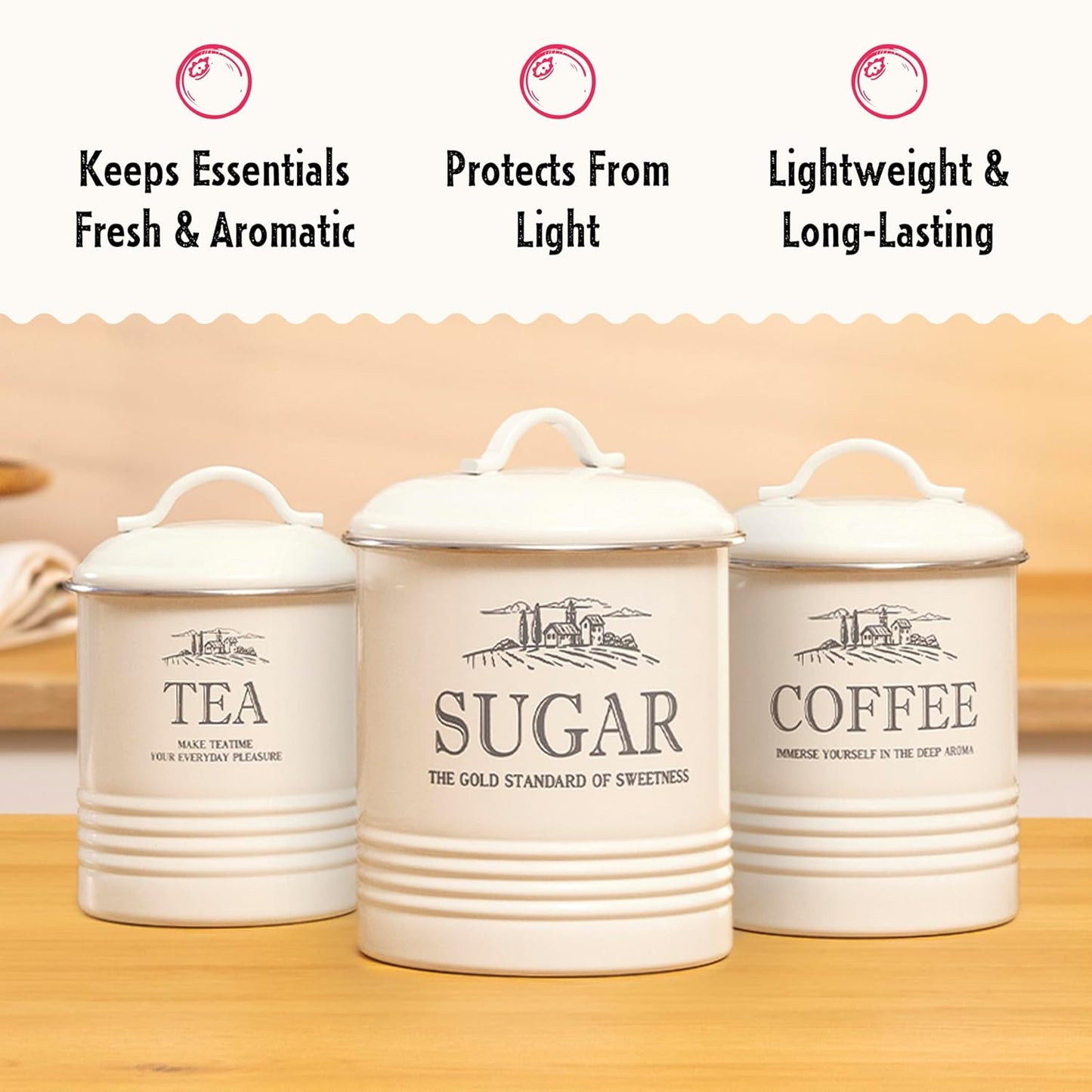 Kitchen Canisters for Countertop - Set of 3 - Airtight Coffee Tea Sugar Container Set - Country Rustic Farmhouse Canisters Sets for the Kitchen