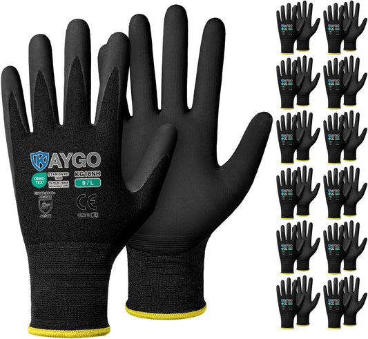 KAYGO Safety Work Gloves MicroFoam Nitrile Coated, 12 Pairs KG18NB,Seamless Knit Nylon Glove with full fingers Touchscreen, Ideal for Automotive,Warehouse,Construction (Large, Black)