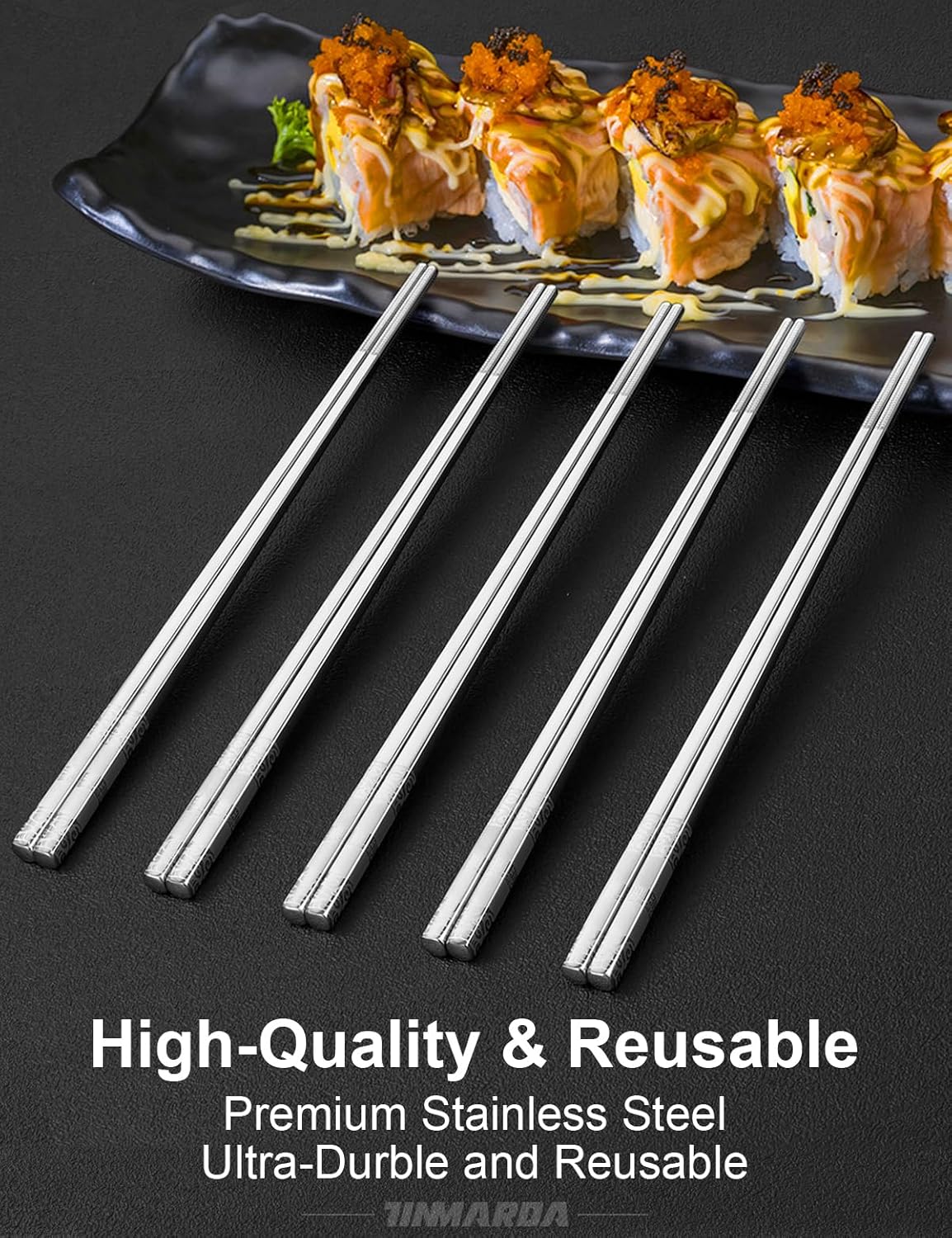 Metal Chopsticks Reusable 5 Pairs Stainless Steel Chopsticks Dishwasher Safe Square Lightweight Non-Slip Chop Sticks Present Set (Silver)