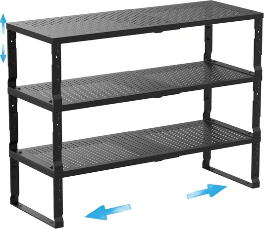 Expandable Spice Rack Kitchen Cabinet Shelf Organizer, Stackable Storage Shelves Racks, Adjustable Counter Shelving for Cabinets, Countertop, Cupboard,Pantry and More(3Packs/Black/Large)
