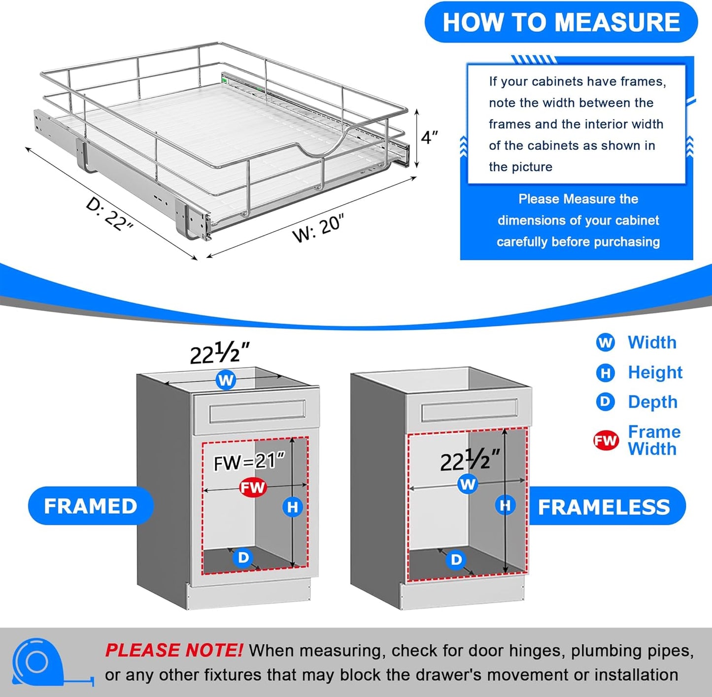 WelFurGeer Soft Close Slide Out Cabinet Shelf, 20" W x 22" D Pull Out Drawers for Kitchen Cabinets, Kitchen Shelf Organizer, Cupboard Organizers and Storage, Under Cabinet Pull Out Shelves