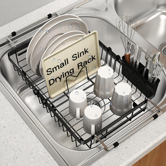 Small Expandable Over The Sink Dish Drainer Drying Rack In Stainless Steel Metal For Kitchen, Counter Space Saving Black Compact Above Plate Dryer Strainer, Adjustable Hanging Inside Sink Drain Holder
