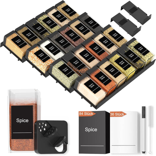 Famhap Spice Drawer Organizer 24 Pcs with 24 Plastic Jars and Labels，Interlocking Expandable Seasoning Rack Tray Insert for Kitchen Drawers, Spice Rack Drawer