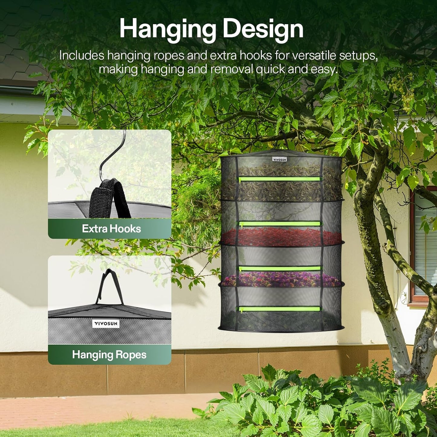 VIVOSUN 4-Layer Mesh Drying Rack Hanging Design with Green Zippers for Dehydrating, Indoor and Outdoor Pruning Shears Included