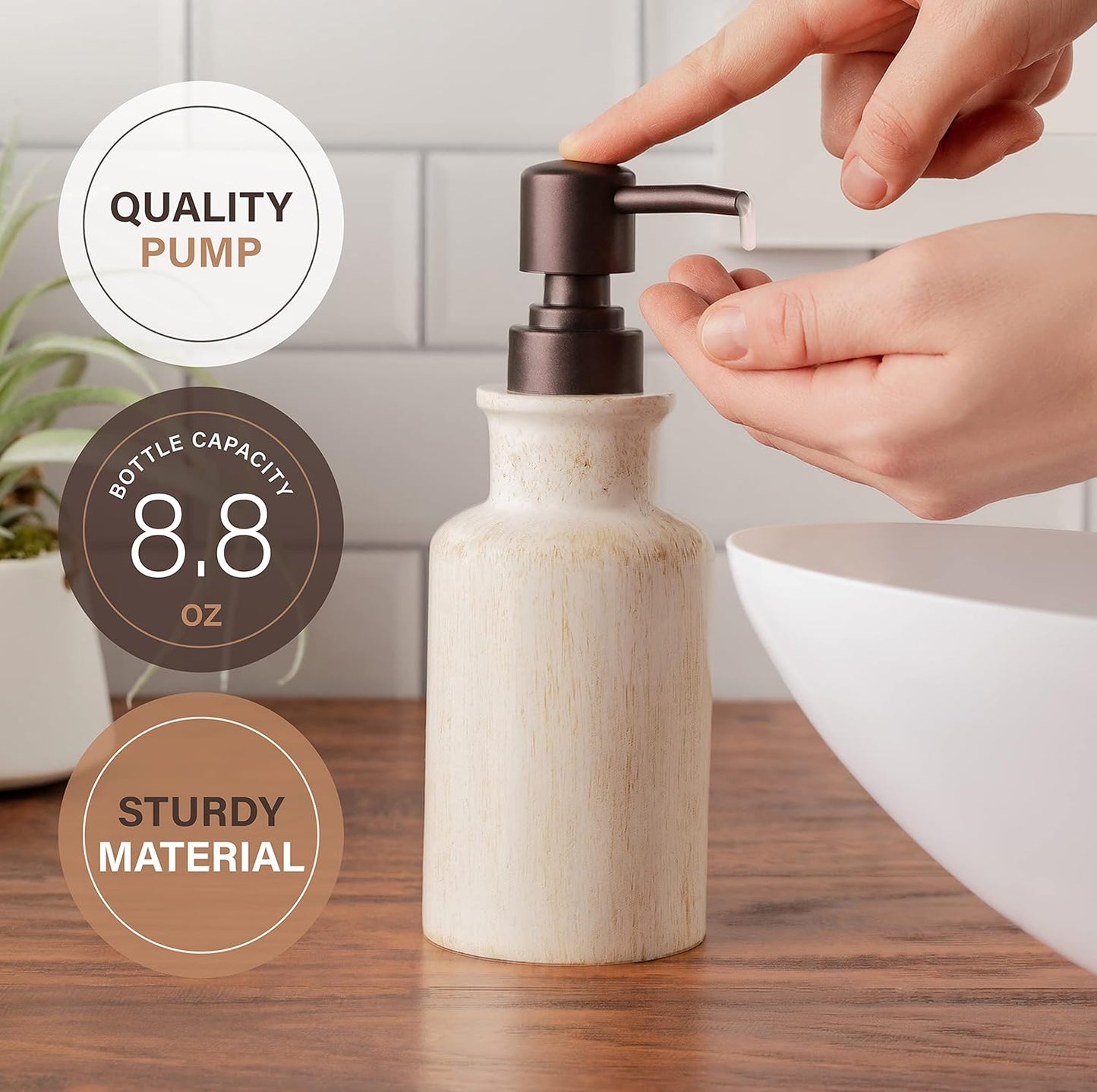 Creative Scents Rustic Luxe Bathroom Soap Dispenser - Beige Hand Soap Dispenser for Bathroom with Strong Easy Dispensing Pump - Rustic Farmhouse Decor – Resin Lotion Dispenser with Pump Holds 8.8 Oz.