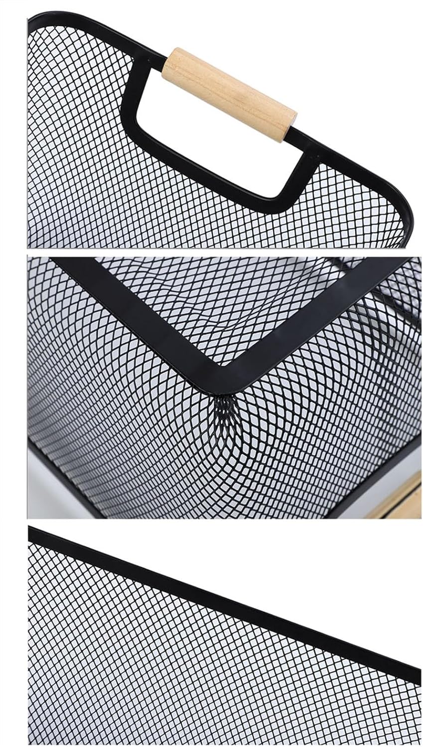 Metal Mesh Steel Basket, Large Wire Storage Organizer Basket Multi-function Hanging Kitchen Baskets with Wood Handle for Kitchen Bathroom Picnic Home, Rectangle-Black