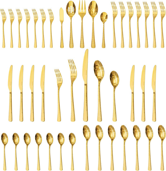KINGSTONE Gold Hammered Silverware Set, Flatware Set with Serving Utensils, 18/10 Stainless Steel Premium Cutlery with Unique Ripple Handles Design Mirror Polished - Dishwasher Safe (45-Piece)