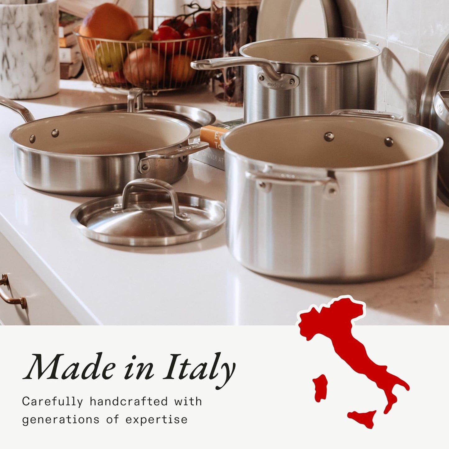 Made In Cookware - 8 QT Ceramic Non Stick Stock Pot with Lid - 5-Ply Stainless Clad with Stay-Cool Handle - Professional Cookware - Crafted in Italy - Induction Compatible