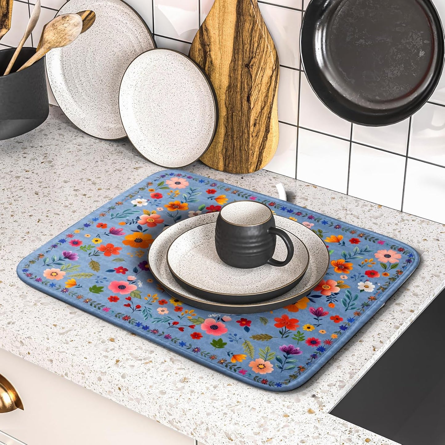 Lovely Flowers Dish Drying Mat - Blue Floral Kitchen Counter Microfiber Drying Pad 16 X 18 for Home Decor