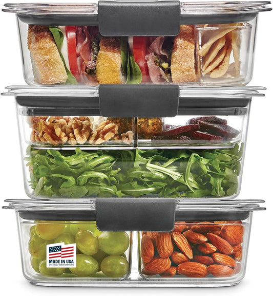 Rubbermaid Brilliance BPA-Free 3 Set Food Storage Containers with Lids, Removable Trays, Airtight, Leak-Proof, Ideal for Meal Prep, Lunch, and Leftovers