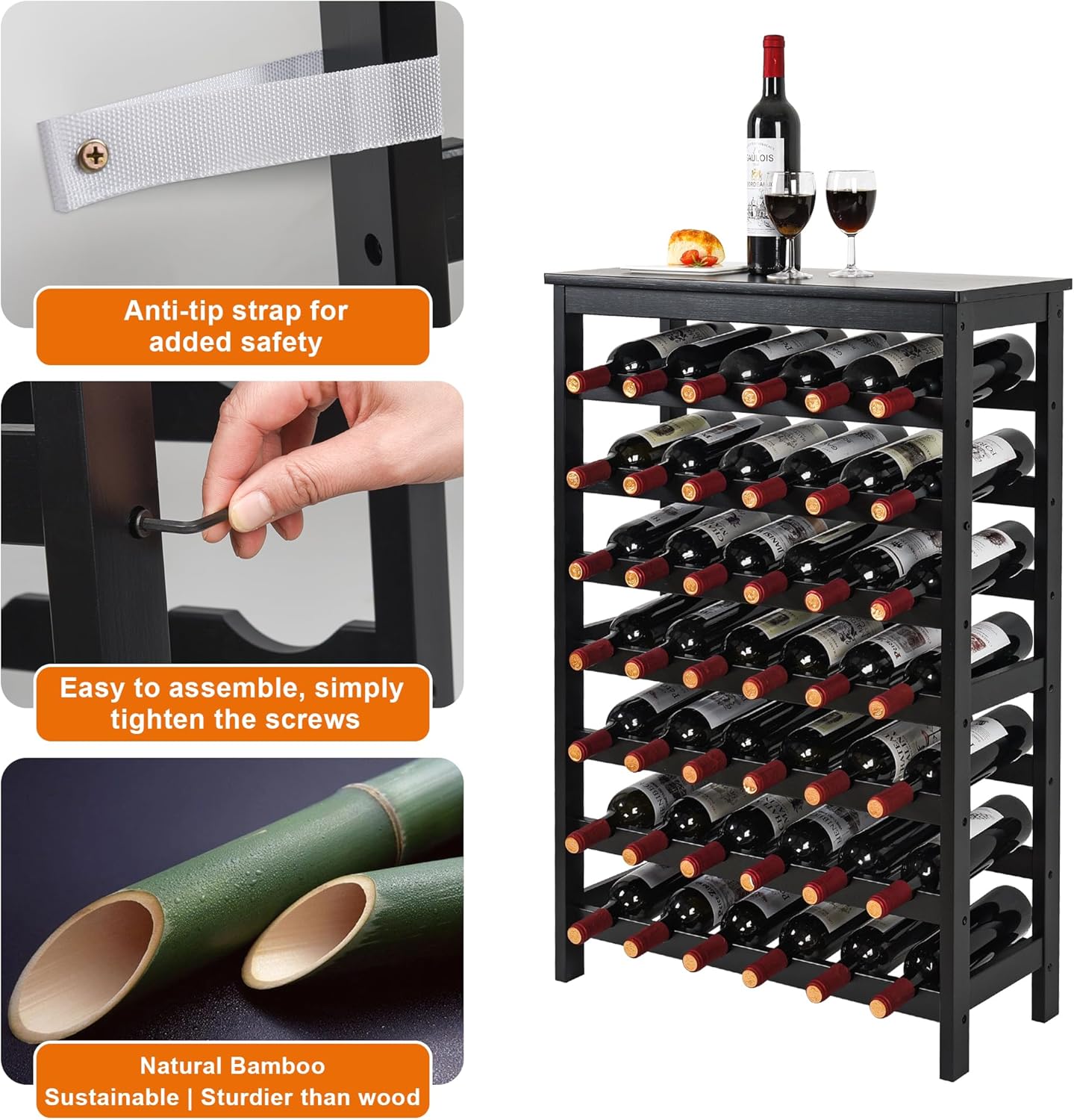 VASMIA 42 Bottles Bamboo Wine Rack,7-Tier Wine Rack Freestanding Floor with Table Top, Wine Storage Shelf for Kitchen Dining Room Bar,Black