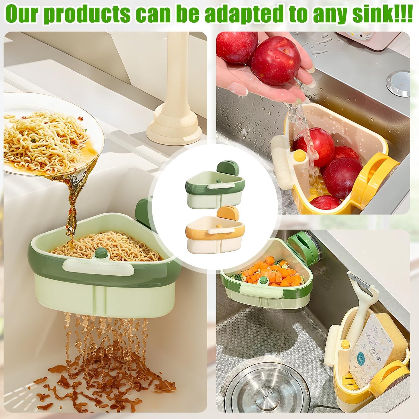 Upgraded Suction Cup Sink Corner Rack, New Press Corner Sink Strainer, Automatic Dumping Sink Strainer Basket, Triangle Storage Rack with Drain Hole, Corner Sink Trash Catcher for Food Waste (Yellow)