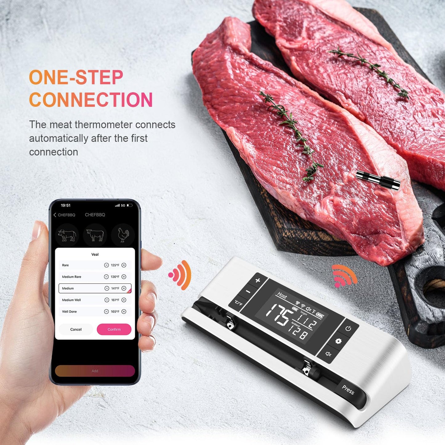 Wireless Smart Meat Thermometer with Dual-Sensor Probe, 500FT Remote Monitoring, Dedicated App, Real-Time Ambient and Food Temperature Tracking for Precise Cooking Control