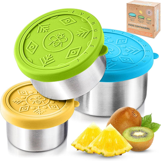 Everusely - Stainless Steel Food Containers - 3 Pack, Summer - Lunch Box - Snack Containers for Office, Home Food Storage - Leakproof with Silicone Lids - Dishwasher & Freezer Safe