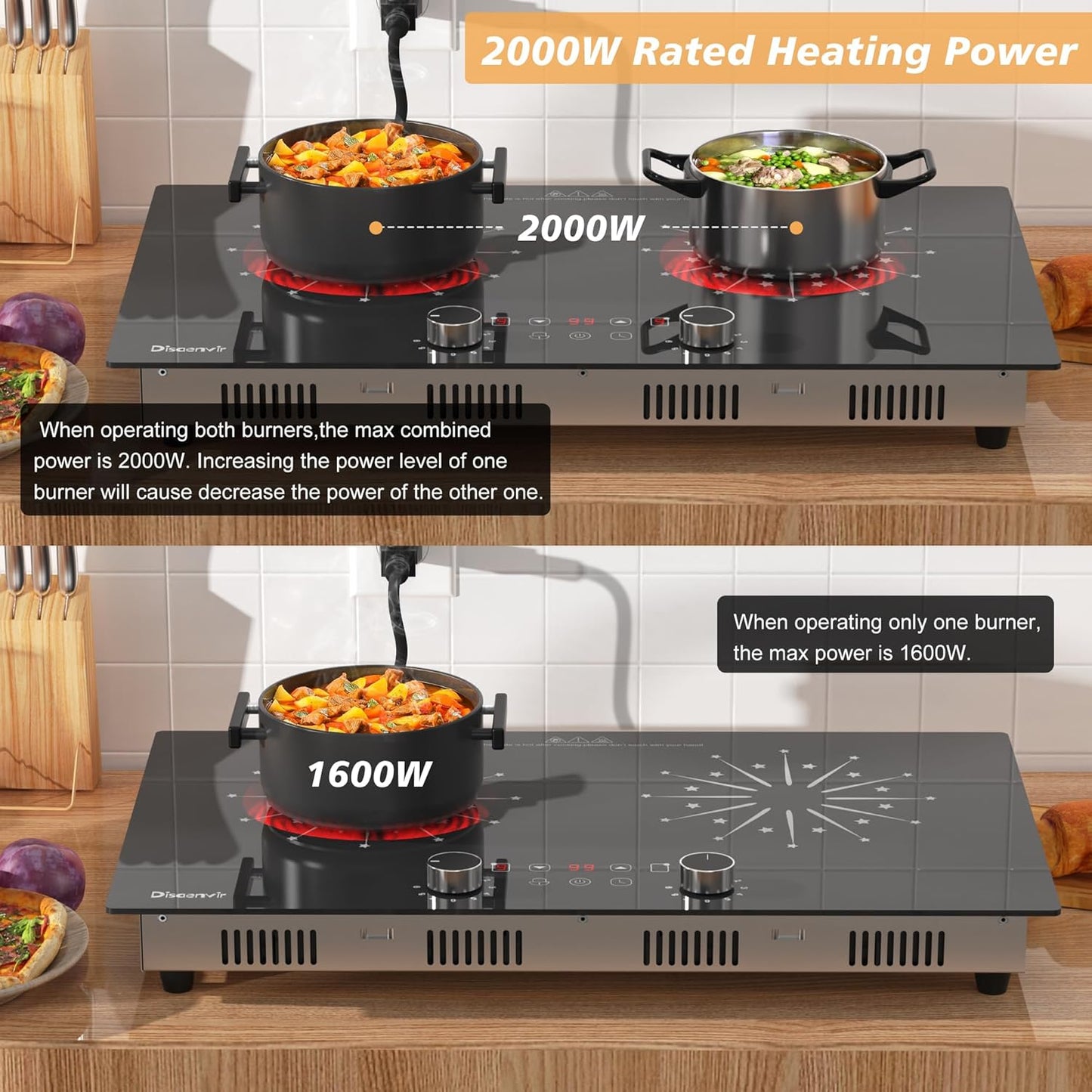 2 Burner Electric Cooktop 110V - 24 Inch Ceramic Stove Top Countertop & Built-in, 2000W Two Burner Radiant Electric Cook Top with LCD Touch & Knob Control, Timer, Safety Lock, 120V Plug in