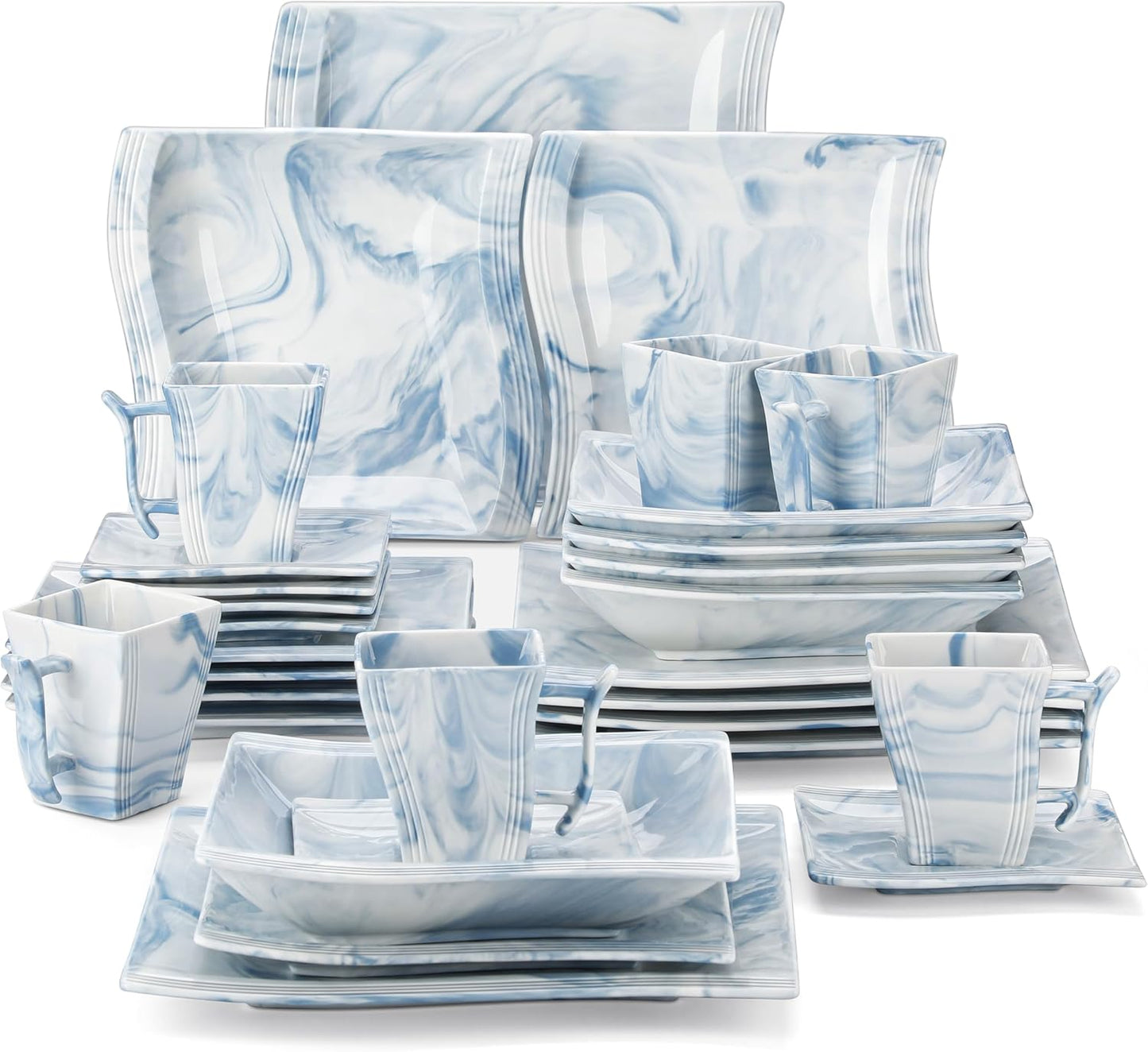 MALACASA Dinnerware Sets for 6, 30 Piece Porcelain Plates and Bowls Sets, Square Dish Set with Dinner Plate and Bowl, Cup and Saucer, Blue Dishes Dinnerware Set, Modern Dishware Sets, Series Flora