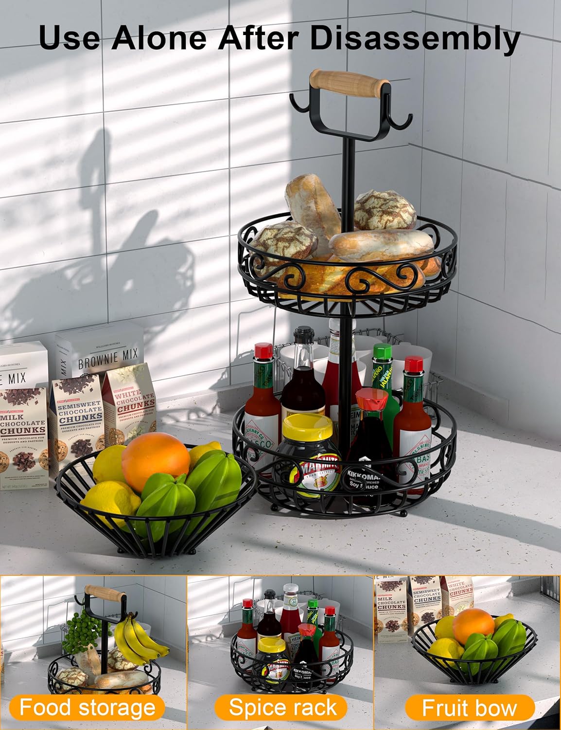 2-Tier 𝐅𝐫𝐮𝐢𝐭 𝐁𝐚𝐬𝐤𝐞𝐭 and Fruit Bowl - Fruit and Vegetable Storage with Banana Tree Hanger and Wood Handle, Fruit Basket for Kitchen Counter, for Bread Onions Potatoes Veggies Produce