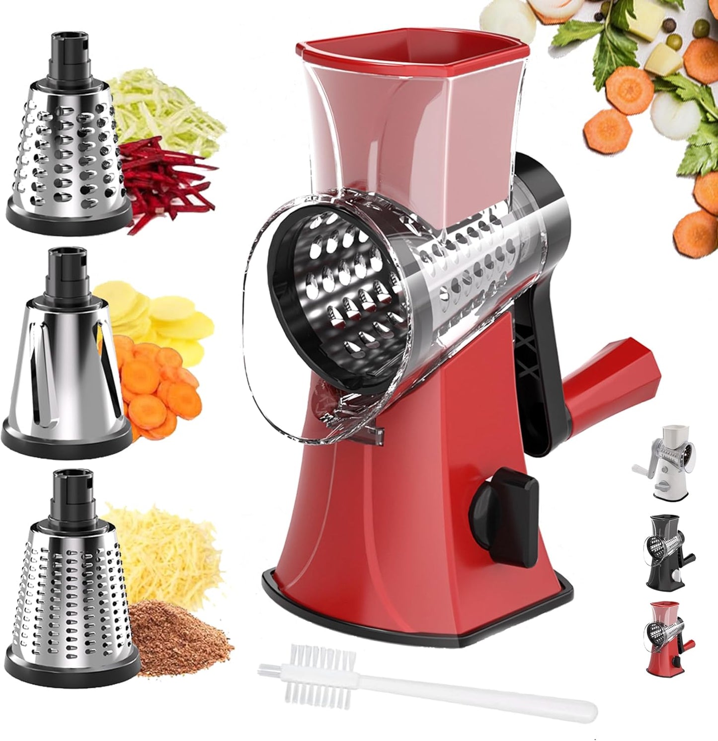 3-in-1 Rotary Cheese Grater Vegetable Slicer, 3 Interchangeable Blades Food Shredder with Anti-Slip Reinforced Suction Base, Kitchen Mandoline Chopper (Red)