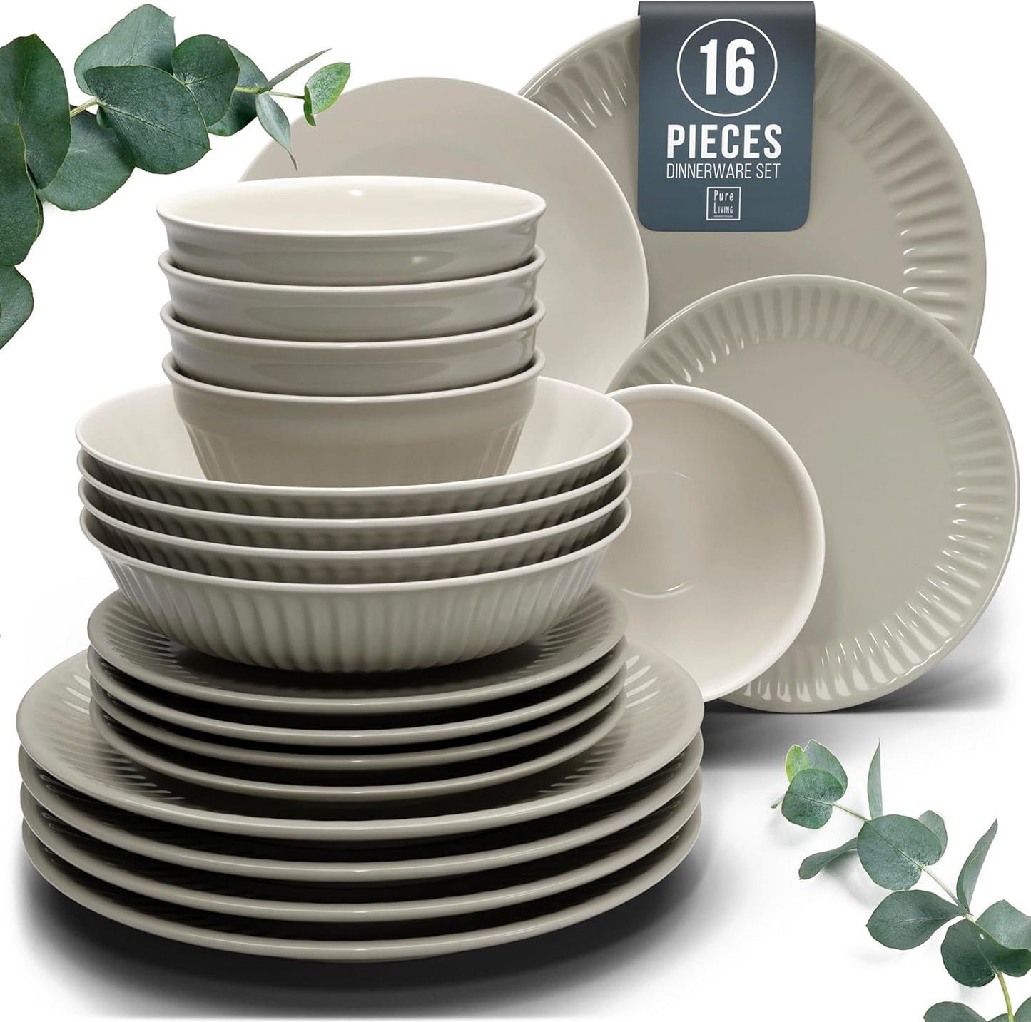 Stoneware Dinnerware Set for 4 People HYGGE 16-Piece - Elegant Scandi Design - Premium Dish Set - Bowl and Plate Set - Tableware for 4 People in a Ribbed Design - Pure Living in Light Brown