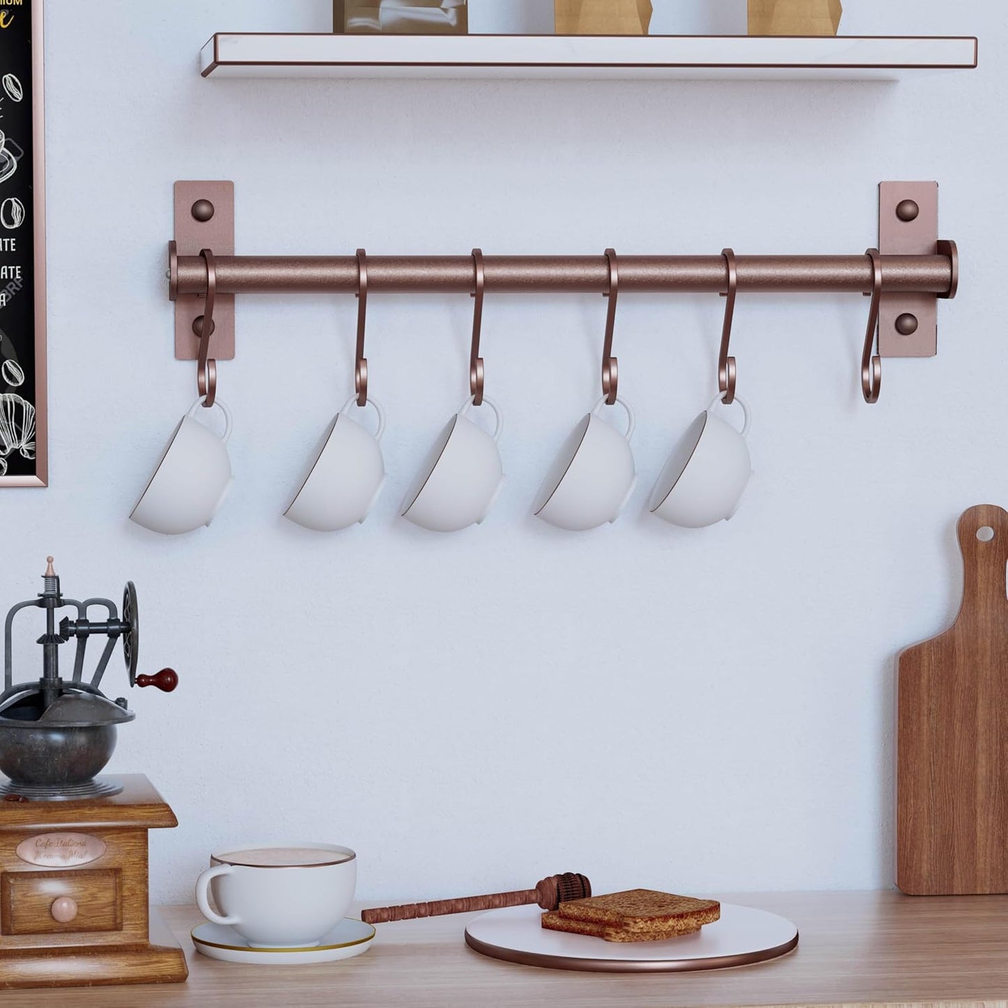 Dseap Kitchen Utensil Holder Hanger, Pot and Pan Rack Wall Mounted, Kitchen Rail with 8 Hooks for Hanging Cooking Utensils, Mugs, Spoons, Wall Mounted, Antique Copper, Pack of 2