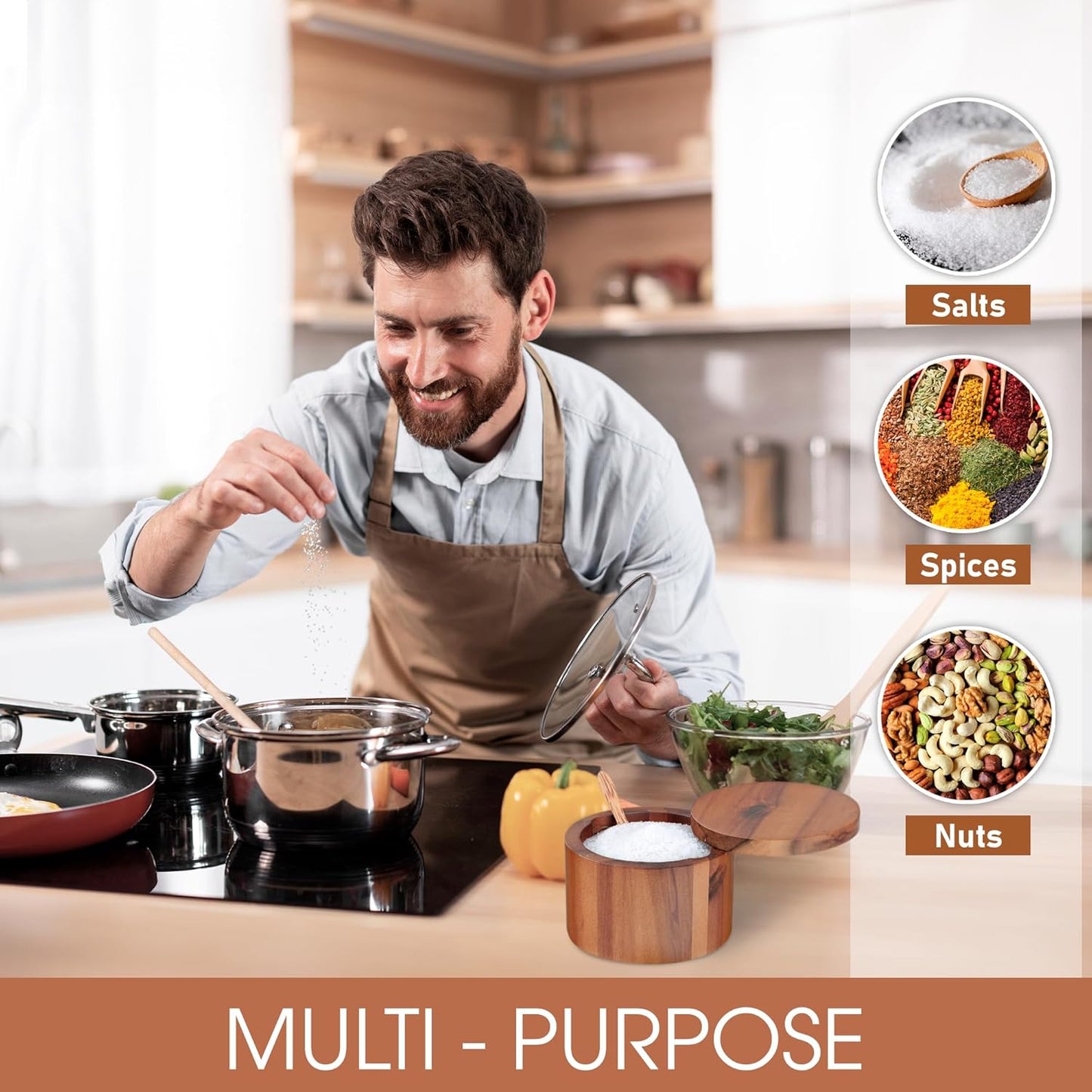 9-ounce Salt Cellar with Spoon and Swivel Lid, Acacia Wood Salt & Spice Box, Salt Keeper, Wood Jar for Kitchen, Perfect for Storing Table Salt, Gourmet Salts, Herbs, or Your Favorite Seasonings