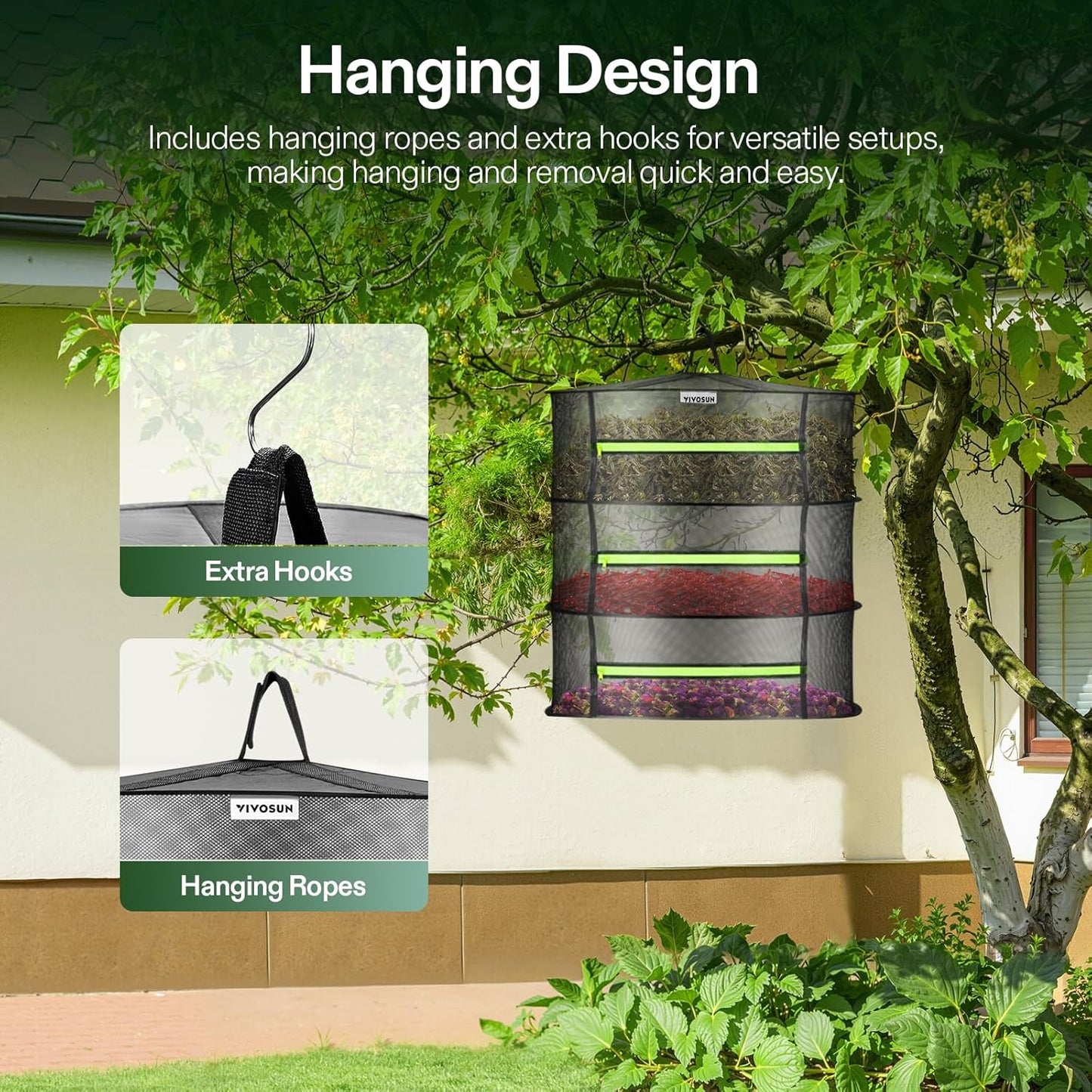 VIVOSUN 3-Layer Mesh Drying Rack Hanging Design with Green Zippers for Dehydrating, Indoor and Outdoor Pruning Shears Included