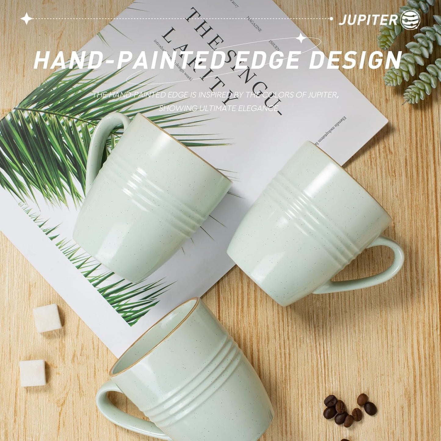 famiware Jupiter Coffee Mugs Set of 4, 14 OZ Coffee Mug, Microwave and Dishwasher Safe, Coffee Cups with Handle for Coffee, Tea, Cocoa, Milk, Light Green